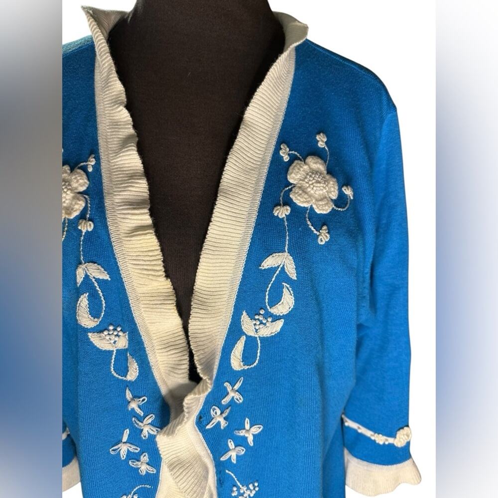 Blue Embroidered Ruffle-Trim Sweater Cardigan - Picture 2 of 6